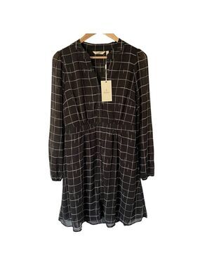 Max Cocos Long Sleeve Chiffon Dress Sz M Black White Check Office Career Casual
